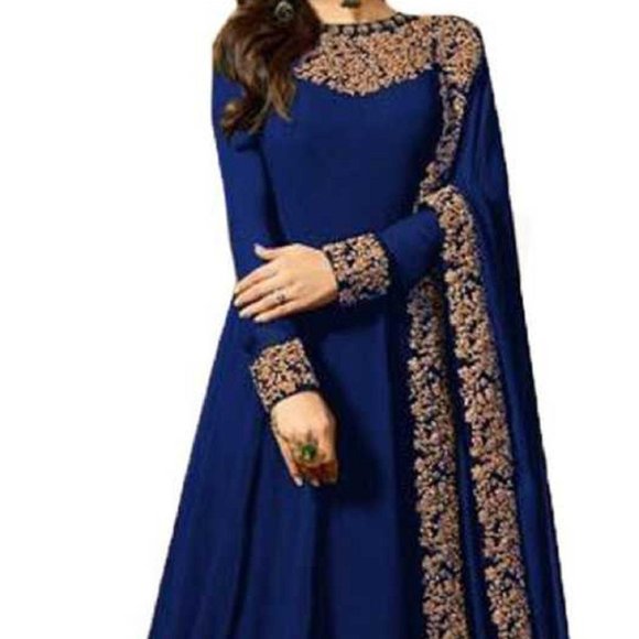 NEW Embroidered Silk Blend Semi Stitched Anarkali Gown - Picture 1 of 10